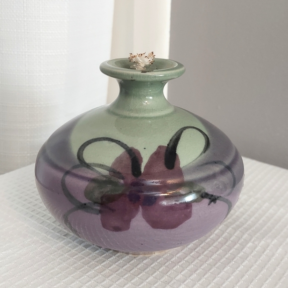 Follette Pottery Oil Lamp Green Purple Glazed Floral Stoneware Cotton Wick - Picture 2 of 9